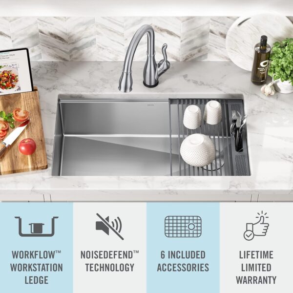 delta sink 3 Delta Lorelai 32" Undermount Workstation Kitchen Sink – Stainless Steel Single Bowl with WorkFlow Ledge & 6-Piece Chef’s Kit