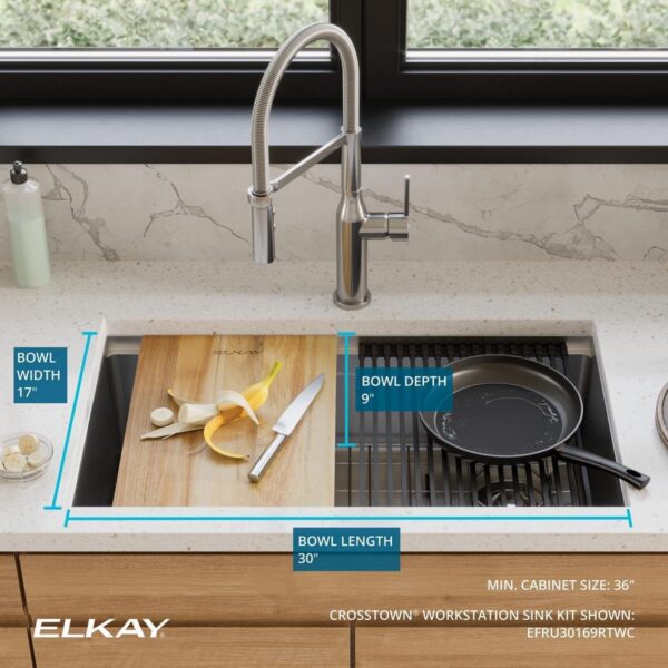 Elkay EFRU30169RTWC 31.5" Undermount Workstation Sink – 16-Gauge Stainless Steel, Single Bowl with Sound Guard