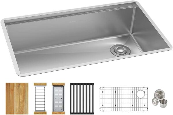 Elkay EFRU30169RTWC 31.5" Undermount Workstation Sink – 16-Gauge Stainless Steel, Single Bowl with Sound Guard