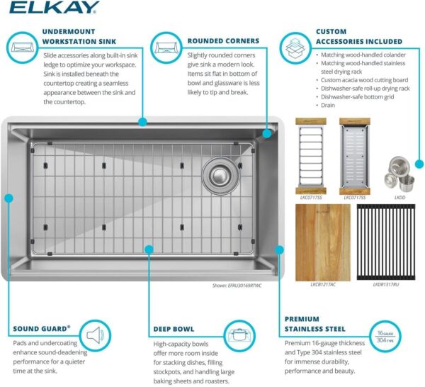 Elkay EFRU30169RTWC 31.5" Undermount Workstation Sink – 16-Gauge Stainless Steel, Single Bowl with Sound Guard
