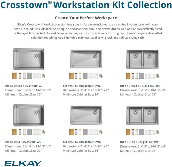 Elkay EFRU30169RTWC 31.5" Undermount Workstation Sink – 16-Gauge Stainless Steel, Single Bowl with Sound Guard